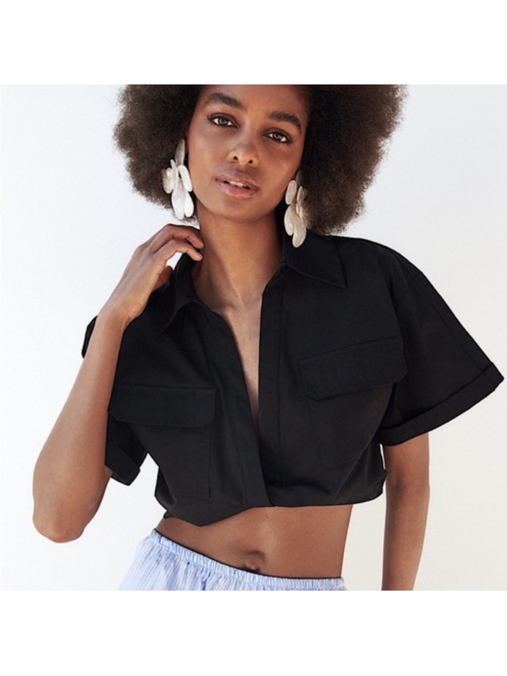 Zara Poplin Utility Safari Black Crop Top Small